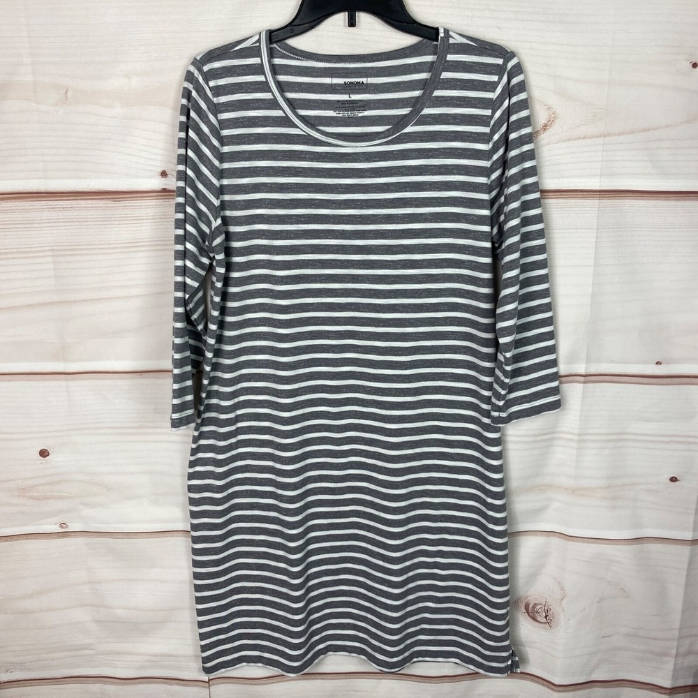 Sonoma Dress Womens L Gray Stripe T-Shirt 3/4 Sleeve Scoop Neck Pullover Knit‎